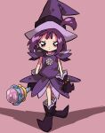  1girl absurdres chieo closed_mouth dress earrings full_body gloves hat highres holding holding_wand jewelry looking_at_viewer magical_girl ojamajo_doremi one_side_up pink_background pointy_footwear purple_dress purple_eyes purple_footwear purple_gloves purple_hair segawa_onpu short_hair simple_background solo standing wand witch_hat 