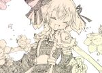  1girl :d animal_ears arch_bishop_(ragnarok_online) asuta_(kinakomoti300) blush blush_visible_through_hair bow closed_eyes commentary cross curtsey dress flat_chest floppy_ears flower frilled_dress frilled_sleeves frills greyscale hair_bow hair_ribbon highres medium_bangs monochrome official_alternate_costume open_mouth rabbit_ears ragnarok_online ribbon simple_background smile solo symbol-only_commentary upper_body 