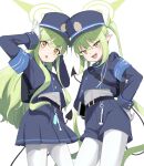  2girls ;d armband arms_up backpack bag belt blue_archive blue_armband blue_shirt character_request cowboy_shot demon_tail fang from_below green_eyes green_halo halo hands_on_own_hips hat highres holding holding_tablet_pc long_hair long_sleeves looking_at_viewer multiple_girls one_eye_closed open_mouth pantyhose peaked_cap pleated_skirt shikiama shirt shorts sidelocks simple_background skin_fang skirt smile tablet_pc tail twintails uniform white_background white_pantyhose white_shirt yellow_eyes 