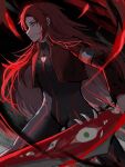  1girl black_bodysuit bodysuit breasts cleavage cleavage_cutout clothing_cutout cropped_jacket e.g.o_(project_moon) gebura_(project_moon) grin highres holding holding_sword holding_weapon jacket lobotomy_corporation long_hair long_sleeves nnnnhhhhnhnh parted_bangs project_moon red_hair red_jacket sidelocks smile solo sword very_long_hair weapon yellow_background 
