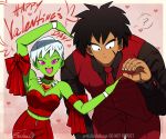  1boy 1girl ? bahnloopi black_hair breasts broly_(dragon_ball_super) cheelai colored_skin confused dragon_ball dragon_ball_super dragon_ball_super_broly green_skin grey_hair happy_valentine heart heart_hands heart_hands_duo heart_hands_failure highres leaning_forward necktie red_necktie red_vest scar scar_on_face short_hair smile spoken_question_mark tall_male very_short_hair vest 