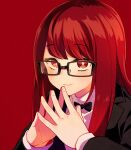 1girl black-framed_eyewear blush glasses hair_down highres kyougetsu_(junrai) long_hair long_sleeves looking_at_viewer official_alternate_hairstyle own_hands_together persona persona_5 persona_5_the_royal red_eyes red_hair school_uniform shuujin_academy_school_uniform simple_background smile solo upper_body yoshizawa_sumire 