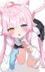  1girl ahoge animal_ear_fluff animal_ears black_skirt blue_archive blue_eyes blue_necktie blurry blush cat_ears cat_tail commentary_request depth_of_field fang halo hand_up heterochromia highres hoshino_(blue_archive) huge_ahoge inuyama_nanami kemonomimi_mode long_hair long_sleeves looking_at_viewer necktie open_mouth pink_hair pink_halo plaid plaid_skirt pleated_skirt puffy_long_sleeves puffy_sleeves shirt skirt solo tail v-shaped_eyebrows white_shirt yellow_eyes 