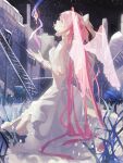  1girl absurdres bow building chinese_commentary commentary_request dress from_side full_body grass hair_bow hand_on_own_chest hands_up highres kaname_madoka kneeling ladder long_hair looking_up mahou_shoujo_madoka_magica mahou_shoujo_madoka_magica_(anime) night night_sky outdoors pink_eyes pink_hair profile sky solo star_(sky) starry_sky transparent_wings two_side_up ultimate_madoka white_dress wings xinshenger876 