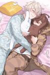  ahoge alternate_costume bed_sheet bishounen blue_pajamas blush brown_hair brown_pajamas commentary commentary_request cowboy_shot feathers granblue_fantasy hair_between_eyes highres holding holding_stuffed_toy hood hood_down hug light_smile lucifer_(shingeki_no_bahamut) lying male_focus on_back on_side pajamas pants pillow print_pajamas sandalphon_(granblue_fantasy) shirt short_hair sleeping sleepwear striped_clothes striped_pajamas stuffed_toy sweatpants tki white_feathers white_hair white_shirt yaoi 