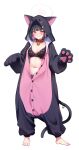  1girl absurdres animal_collar animal_costume barefoot bell black_hair black_panties blue_archive blush breasts buttons cat_costume cat_tail clenched_teeth collar full_body halo highres kazusa_(blue_archive) korean_commentary large_breasts long_sleeves looking_at_viewer navel neck_bell panties pink_halo red_eyes short_hair simple_background solo tail teeth toes underwear white_background yn_6262 