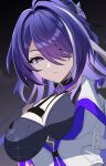  1girl acheron_(honkai:_star_rail) black_choker breasts choker coat commentary hair_over_one_eye highres hiroki_(hirokiart) honkai:_star_rail honkai_(series) large_breasts long_hair looking_at_viewer multicolored_hair parted_lips purple_eyes purple_hair single_bare_shoulder solo streaked_hair unfinished upper_body white_coat white_hair 