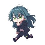  1girl aqua_hair black_jacket chibi chibi_only clenched_hands full_body gakuen_idolmaster green_eyes highres hobgoblin-kim hood hooded_jacket idolmaster jacket leggings_under_shorts looking_ahead running simple_background solo sweat tsukimura_temari white_background 