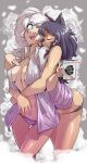  2girls absurdres animal_ears bare_legs black_hair black_panties blake_belladonna blue_eyes breasts cat_ears closed_eyes floral_background hands_on_another&#039;s_waist haysey highres hug hug_from_behind long_hair multiple_girls open_clothes open_shirt panties purple_panties rwby smile underwear weiss_schnee white_hair yuri 