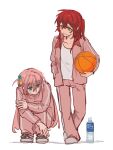  2girls ball basketball_(object) blue_eyes bocchi_the_rock! bottle commentary_request cube_hair_ornament full_body gotoh_hitori green_eyes hair_ornament hand_in_pocket highres holding holding_ball jacket kita_ikuyo lingyi long_hair multiple_girls one_side_up open_clothes open_jacket pants parted_lips pink_hair pink_jacket pink_pants red_hair shirt simple_background smile squatting sweatdrop track_jacket white_background white_footwear white_shirt 