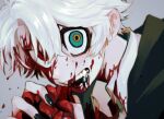  1boy black_liquid black_nails blood blood_in_hair blood_on_clothes blood_on_face blue_eyes collared_shirt crazy_eyes fangs grey_background hair_between_eyes hands_up heart heart_(organ) heterochromia holding holding_heart looking_at_viewer male_focus minai_mosa multicolored_eyes open_mouth original red_eyes ringed_eyes shirt short_hair simple_background solo upper_body very_short_hair white_hair yellow_eyes 