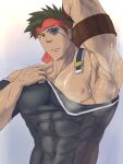  1boy arm_up armpit_focus armpit_stubble armpits bara bare_pectorals character_request covered_navel eyepatch fumio_(snnmfmw) headband highres large_pectorals male_focus muscular muscular_male nipples pectorals presenting_armpit red_headband shirt short_hair solo spiked_hair sweaty_armpits taut_clothes taut_shirt upper_body 