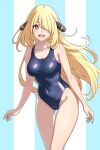  1girl asairosora ass_visible_through_thighs bare_arms bare_shoulders blonde_hair blue_background blue_one-piece_swimsuit breasts commentary_request competition_swimsuit covered_navel cynthia_(pokemon) feet_out_of_frame floating_hair hair_ornament hair_over_one_eye highleg highleg_swimsuit highres large_breasts light_blush long_hair looking_at_viewer one-piece_swimsuit one_eye_covered open_mouth pokemon pokemon_dppt smile solo standing swimsuit teeth thigh_gap two-tone_background upper_teeth_only very_long_hair white_background yellow_eyes 