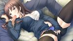  1girl black_legwear blush breasts brown_eyes brown_hair censored cleavage fellatio fingering game_cg haru_kiss highres large_breasts legs long_hair lying masturbation mikoto_akemi navel oral panties penis pussy shiraishi_aoi shorts sitting spread_legs thighs underwear 