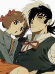  1boy 1girl black_jack_(character) black_jack_(series) black_vest blue_shirt bow brown_hair closed_mouth collared_shirt eyelashes hair_over_one_eye multicolored_hair open_mouth orange_skirt pinoko red_bow red_ribbon ribbon shirt short_hair skirt stitched_face stitches suspender_skirt suspenders two-tone_hair vest white_background white_shirt yamaneji420 