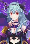  1girl black_ribbon blue_hair blush breasts chaos_aurora_(grimms_notes) cleavage detached_sleeves grimms_notes hair_ribbon highres large_breasts light_blue_hair long_hair looking_at_viewer messy_hair midriff purple_background purple_ribbon red_eyes ribbon smile solo thorns wheel yonohisa 