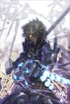  cyborg electricity eyepatch glowing glowing_eye grey_hair highres male_focus metal_gear_(series) metal_gear_rising:_revengeance momofuki_rio motion_blur raiden solo spine 