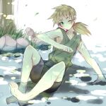  1boy ;o armpits bare_arms bare_legs bare_shoulders barefoot bishounen black_shorts blonde_hair blush_stickers character_request commentary_request copyright_request emblem full_body grass green_eyes green_shirt hand_on_ground high-waist_shorts japanese_tankery_league_(emblem) knees_apart_feet_together long_hair looking_at_viewer low_ponytail male_focus one_eye_closed outdoors parted_lips partially_submerged river rock shirt shorts sitting solo toes tree usamata white_background 