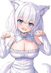  1girl animal_collar animal_ear_fluff animal_ear_piercing animal_ears blue_bow blue_eyes blush bow breasts cat_ears cat_girl cat_tail center_opening cleavage collar dress fish_in_mouth frilled_dress frills hair_between_eyes head_tilt highres large_breasts looking_at_viewer medium_hair original paw_pose puffy_sleeves reijing_etrn solo strapless strapless_dress tail tube_dress white_collar white_dress white_hair 