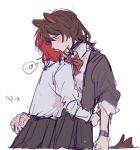  2girls ange_katrina animal_ears arms_around_waist black_jacket black_skirt bow bowtie brown_hair chinese_commentary collared_shirt commentary_request dog_ears dog_girl dog_tail heart hug inui_toko jacket lingyi long_sleeves medium_hair multiple_girls nijisanji pleated_skirt red_bow red_bowtie red_hair school_uniform shirt short_hair simple_background skirt spoken_heart tail virtual_youtuber watch white_background white_shirt wristwatch yuri 
