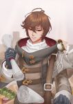  1boy absurdres ahoge belt bird bishounen bottle box brown_hair commentary commentary_request gloves granblue_fantasy highbaby highres holding holding_scroll jar layered_sleeves light_smile long_sleeves looking_at_viewer male_focus messy_hair official_alternate_costume red_eyes sandalphon_(granblue_fantasy) scroll short_hair solo_focus sparrow sweater turtleneck turtleneck_sweater white_sweater 