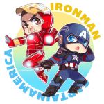 0yongyong0tata 2boys animification arc_reactor arm_up armor arms_up artist_name avengers_(series) belt black_footwear blonde_hair blue_background blue_bodysuit blue_eyes bodysuit boots border brown_belt brown_eyes brown_gloves brown_hair captain_america character_name chibi facial_hair fingerless_gloves flying full_armor full_body gloves gradient_background helmet iron_man looking_at_another looking_at_viewer male_focus marvel multicolored_armor multicolored_background multiple_boys open_mouth outside_border pocket power_armor red_armor short_hair smile standing star_(symbol) steve_rogers striped_bodysuit superhero_costume tony_stark v-shaped_eyebrows white_border yellow_armor yellow_background 