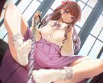  1girl assertive_female blouse blue_eyes brown_hair chain femdom highres lace long_hair no_shoes original pov ribbon shirt sitting skirt socks soles spread_legs sukoyaka93 