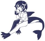  1girl animal_feet animal_hands cetacean_tail claws collared_shirt commentary dorsal_fin fins fish_tail food full_body hand_up highres holding holding_food looking_at_viewer monochrome monster_girl multicolored_hair onigiri open_mouth orca_girl original pants rramarukun sharp_teeth shirt short_hair simple_background sitting solo streaked_hair symbol-only_commentary tail teeth webbed_feet webbed_hands white_background 