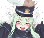  1girl arms_up black_hat blue_archive cum cum_on_hair gloves green_hair hair_between_eyes hand_on_headwear hat highres long_hair long_sleeves moai_(moai_00_) open_mouth peaked_cap pointy_ears simple_background solo_focus tongue tongue_out white_background white_gloves yellow_eyes 