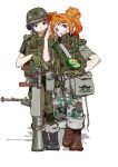  2girls bag bandaid bandaid_on_face blue_eyes blue_hair boots camouflage combat_helmet full_body gloves grey_eyes handbag helmet idolmaster idolmaster_(classic) kisaragi_chihaya long_hair looking_at_viewer military military_uniform multiple_girls nakamura_3sou open_mouth orange_hair rocket_launcher salute simple_background smile takatsuki_yayoi twintails uniform weapon weapon_request white_background 