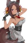  animal_ears apron arm_on_head arm_up bad_id bad_pixiv_id bare_shoulders breasts brown_hair choker cleavage corset dress fang gem gloves hair_ornament jewelry large_breasts long_hair looking_at_viewer maid_headdress necklace open_mouth original pantyhose personification red_eyes ribbon skull_hair_ornament smoke solo strapless strapless_dress syno tail waist_apron wolf_ears wolf_girl wolf_tail 