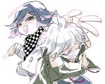  2boys ahoge arm_belt belt black_scarf blue_pants blush_stickers buttons checkered_clothes checkered_scarf commentary_request cowboy_shot crossed_arms danganronpa_(series) danganronpa_2:_goodbye_despair danganronpa_v3:_killing_harmony deformed green_jacket green_sleeves hood hood_down hooded_jacket in-franchise_crossover jacket komaeda_nagito long_sleeves male_focus me_(lililico) multiple_boys oma_kokichi open_clothes open_jacket open_mouth outstretched_arms pants partial_commentary purple_eyes purple_hair scarf self_hug shirt short_hair simple_background single_blush_sticker smile teeth two-tone_scarf upper_teeth_only white_background white_belt white_hair white_jacket white_scarf white_shirt white_sleeves 