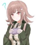  1girl ? absurdres black_shirt breasts brown_hair collared_shirt danganronpa_(series) danganronpa_2:_goodbye_despair dress_shirt frown green_jacket grey_background grey_shirt handheld_game_console hands_up highres holding holding_handheld_game_console jacket large_breasts medium_hair nanami_chiaki neck_ribbon open_clothes open_jacket pink_eyes pink_ribbon ribbon shiron_(kasanappuru) shirt simple_background solo spaceship_hair_ornament 