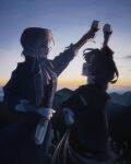  2girls arm_up ascot black_coat black_jacket bottle brown_hair chinese_commentary closed_eyes coat commentary_request cup dawn drinking_glass grey_hair hair_bun highres holding holding_bottle horizon jacket long_sleeves mountain multiple_girls npc_(irene_rosa86858) open_mouth outdoors photo_background red_wine reverse:1999 schneider_(reverse:1999) short_hair single_side_bun smile sunrise toasting_(gesture) vertin_(reverse:1999) white_ascot wine_glass 