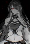  1girl acheron_(honkai:_star_rail) asymmetrical_footwear black_choker black_gloves black_shorts breasts choker cleavage coat coattails detached_sleeves gloves hair_over_one_eye highres honkai:_star_rail honkai_(series) long_hair midriff monochrome navel nonomonja partially_colored red_eyes short_shorts shorts single_bare_shoulder solo white_coat 