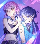  2girls asymmetrical_sleeves blue_eyes blue_nails blue_shirt chain crop_top fang highres kororon_(song) koyungdayo long_hair looking_at_viewer midriff multiple_girls navel open_mouth orange_eyes pink_hair purple_hair shirt short_hair smile sparkle 