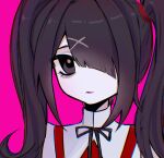 1girl ame-chan_(needy_girl_overdose) bags_under_eyes black_eyes black_hair black_ribbon closed_mouth collared_shirt commentary english_commentary hair_ornament hair_over_one_eye highres jiaonang long_hair looking_at_viewer neck_ribbon needy_girl_overdose pink_background portrait red_shirt ribbon shirt simple_background solo twintails x_hair_ornament 