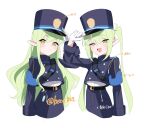  2girls beko_(beco_1122) belt black_belt black_hat black_shirt black_skirt blue_archive closed_mouth fang green_hair hat highres long_hair long_sleeves looking_at_viewer multiple_girls open_mouth peaked_cap pointy_ears shirt simple_background skin_fang skirt smile twintails twitter_username white_background yellow_eyes 