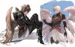  2boys ahoge armor bishounen blue_eyes boots brown_hair brown_wings cape cereu57 closed_eyes cowboy_shot elbow_gloves english_commentary expressionless feathered_wings feathers from_side gloves granblue_fantasy high_heel_boots high_heels highres hood hood_down kissing_object knees_up lucifer_(shingeki_no_bahamut) male_focus messy_hair multiple_boys multiple_wings red_ribbon ribbon sandalphon_(granblue_fantasy) short_hair sitting sketch turtleneck unfinished white_cape white_feathers white_hair white_wings wings 
