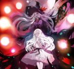  2girls attack black_sclera closed_eyes colored_sclera dark_witch_eleine dress ender_lilies_quietus_of_the_knights grey_hair hat highres holding holding_staff kakuwashi lily_(ender_lilies) long_hair magic multiple_girls open_mouth own_hands_clasped own_hands_together purple_dress purple_hat red_eyes sketch staff white_dress white_hair witch witch_hat 