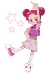  1girl arm_up commentary double_bun english_commentary full_body grey_shorts hair_bun hair_ornament hand_on_own_hip harukaze_doremi highres kneehighs looking_at_viewer malan musical_note musical_note_hair_ornament ojamajo_doremi outstretched_arm pink_shirt purple_eyes red_hair shirt shoes short_bangs short_hair short_sleeves shorts simple_background smile sneakers socks solo standing star_(symbol) white_background 