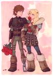  1boy 1girl armor artist_name astrid_hofferson blonde_hair blue_eyes blue_pants boots border bouquet brown_hair flower fur_boots green_eyes green_pants heart hiccup_horrendous_haddock_iii holding holding_bouquet holding_flower how_to_train_your_dragon knee_pads leather_armor locked_arms long_hair looking_at_another pants pauldrons petals ponytail prosthesis prosthetic_leg red_flower red_petals red_rose rose rose_petals seoyeon short_hair shoulder_armor standing white_border 