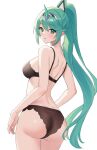  1girl ass bikini black_bikini black_bra bra character_request from_behind green_eyes green_hair headgear highres lingerie long_hair looking_at_viewer ponytail sebu_illust simple_background solo swimsuit underwear white_background xenoblade_chronicles_(series) xenoblade_chronicles_2 