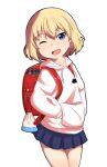  1girl backpack bag blonde_hair blue_eyes blush girls_und_panzer hands_in_pockets hood hoodie katyusha_(girls_und_panzer) looking_at_viewer nekopantsu_(blt) one_eye_closed open_mouth randoseru short_hair simple_background skirt smile solo white_background 