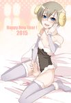  2015 animal_costume bed_sheet blush censored commentary_request crossdressing cum detached_sleeves erection eyelashes eyeshadow glasses hand_on_own_cheek happy_new_year highres horns kinta_(kinta_no_mousou) leotard leotard_aside lips lipstick looking_at_viewer makeup male_focus male_masturbation masturbation mosaic_censoring new_year nipples open_mouth original otoko_no_ko penis pillow sheep_costume sheep_horns sitting smile solo testicles thighhighs wariza 