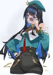  1girl absurdres adjusting_eyewear bare_shoulders beret black_hair black_shorts blue-tinted_eyewear blue_eyes blue_hair blunt_bangs bracelet breasts buttons chinese_commentary colored_inner_hair commentary_request cropped_legs dated double-breasted exianble eyeliner fate/grand_order fate_(series) green_hat green_jacket hand_on_own_hip hand_up hat highres jacket jewelry long_hair long_sleeves looking_at_viewer looking_over_eyewear makeup multicolored_hair neck_ring o-ring off_shoulder parted_lips round_eyewear shorts sidelocks signature small_breasts solo sunglasses tenochtitlan_(fate) tinted_eyewear wavy_hair zipper 