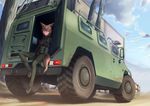  animal_ears artist_name black_eyes brown_hair dreadtie fox_ears fox_tail gaz-2975_tigr gun highres light_machine_gun military military_vehicle original rifle rpk signature sitting solo svetlana_nestrovna_sorokina tail weapon 