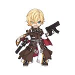  1boy bandolier belt black_belt black_footwear black_gloves blonde_hair blue_eyes boots brown_cape brown_coat bullet cape chibi coat cross-laced_footwear dual_wielding eyes_visible_through_hair full_body gloves gun hair_between_eyes handgun holding long_bangs long_sleeves looking_at_viewer male_focus night_watch_(ragnarok_online) official_art open_mouth pants ragnarok_online red_cape shirt short_hair simple_background smile solo standing submachine_gun tachi-e transparent_background two-sided_cape two-sided_fabric v-shaped_eyebrows weapon white_pants white_shirt yuichirou 