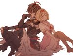  1boy 1girl ahoge armor back-to-back belt bishounen blonde_hair boots breastplate brown_eyes brown_hair brown_thighhighs cape commentary commentary_request crossed_legs djeeta_(granblue_fantasy) dress fingerless_gloves frilled_dress frills gloves granblue_fantasy hair_between_eyes hair_intakes hand_on_own_chin headband hetero high_heel_boots high_heels highres knees_up light_blush p_okate pink_dress red_eyes sandalphon_(granblue_fantasy) short_hair sitting sketch thighhighs white_cape 