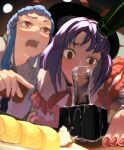  2girls alcohol blue_hair bow bowtie center_frills collared_shirt commentary_request drunk fingernails food frilled_sleeves frills hat highres hinanawi_tenshi hotoke_party long_hair long_sleeves masu medium_bangs multiple_girls nagae_iku omelet open_mouth overflowing parted_bangs purple_hair red_bow red_bowtie red_eyes red_nails sake shirt short_bangs tamagoyaki touhou upper_body white_shirt 